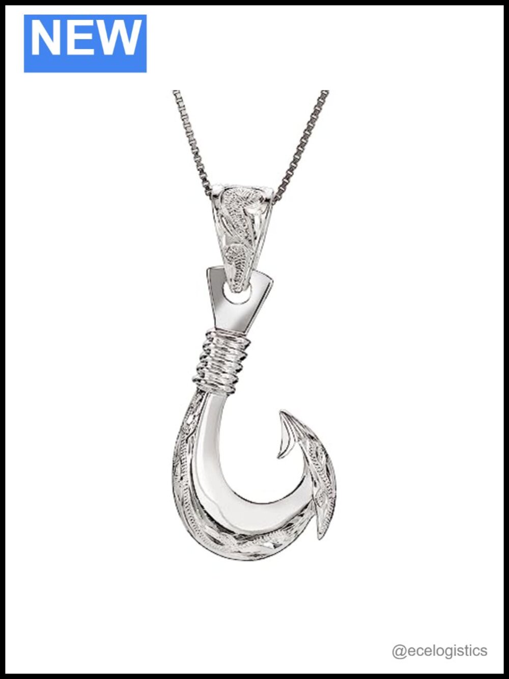 925 Sterling Silver Hawaiian Fishhook Pendant Necklace Rhodium Plated 18" Chain